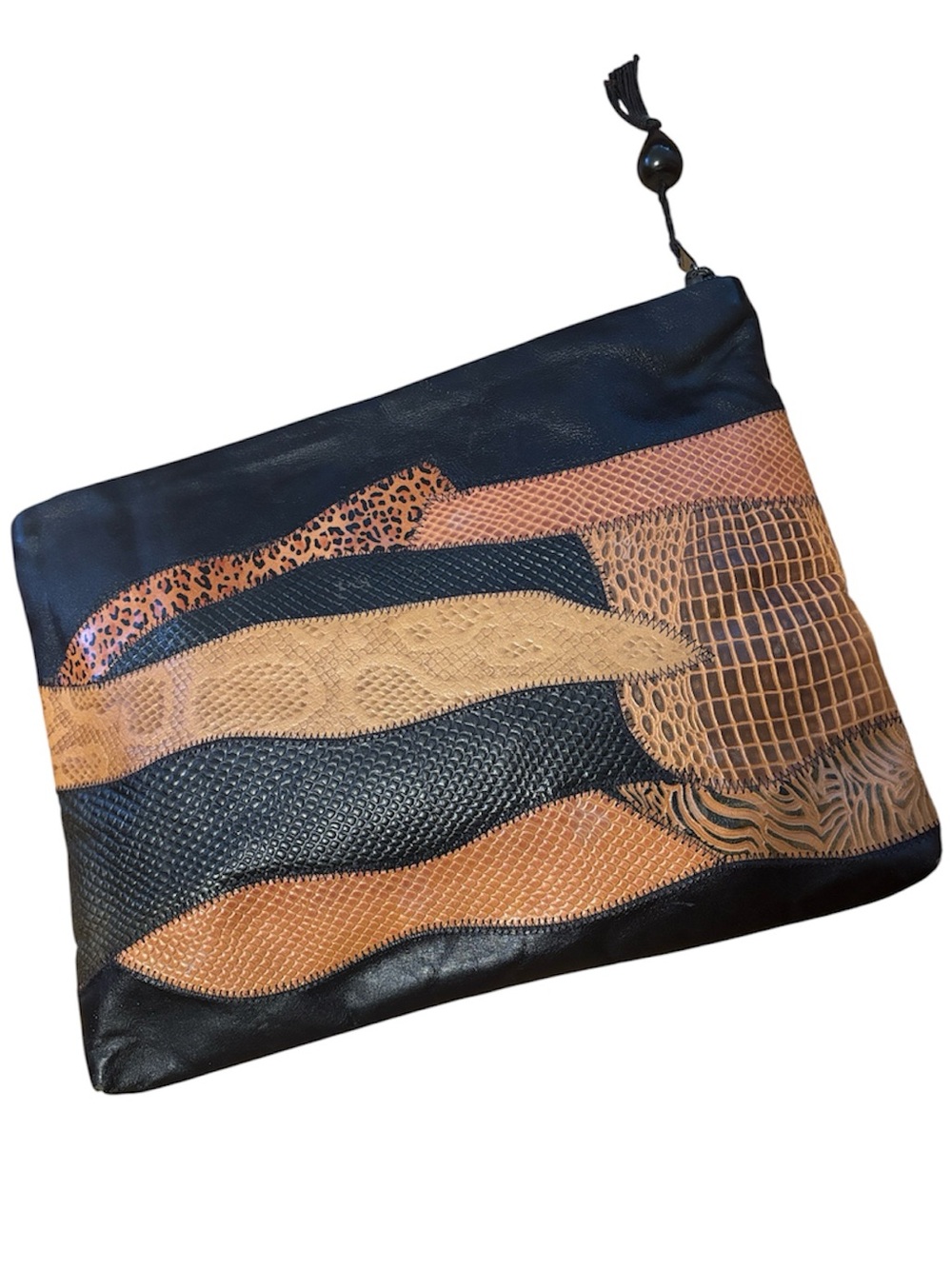Vintage Valerie Patchwork Leather Wristlet Clutch - Black and Brown Purse Bag